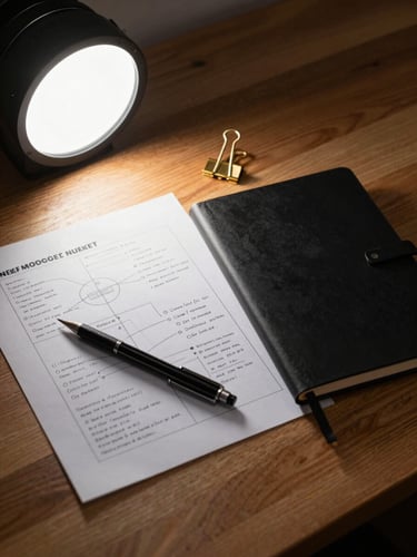Close-up of a wide wooden desk surface, controlled studio strobe lighting from above left, a printed strategic plan with handwritten annotations in black ink, a mechanical pencil resting across the page, matte black notebook open beside it, metallic gold paper clip catching the light — no people, no screens, no decoration