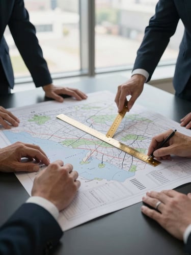 Wide environmental shot of a working strategy session — two sets of hands over a large printed financial map spread across a conference table, north-facing daylight through tall windows, a metallic gold ruler marking a section of the document, matte black surface visible at table edges, no faces, no celebration, pure execution in progress