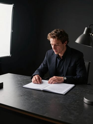 Wide environmental shot, left-to-right: a founder in a dark blazer seated at a large matte-black desk, leaning forward mid-conversation, hands resting on an open strategic document with handwritten margin notes; controlled studio strobe light from the left casting sharp shadows; matte black background; metallic desk lamp arm visible upper-right; no eye contact with camera, fully absorbed in the work