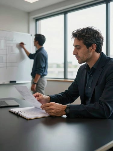 Wide environmental shot, right-side bleed, Fernando Lopes reviewing a financial document at a dark desk while Diego Garcia writes on a whiteboard in the background, north-facing daylight from a large window illuminating the matte black surface and catching the metallic gold edge of a notebook, both men mid-task — not posed, not looking at camera, captured in the act of working through a problem