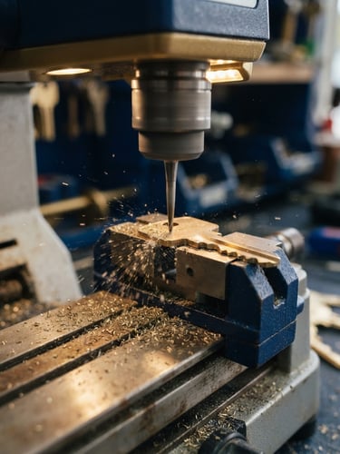 Close-up of a modern key cutting machine milling a brass key, metallic shavings, warm gold lighting, sharp focus, 35mm