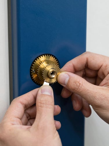 Hands of a professional locksmith explaining a high-security lock mechanism to a homeowner, clean daylight, sharp focus on brass gears, 35mm