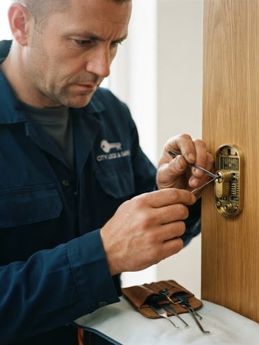 Close-up of a professional locksmith in clean dark workwear carefully repairing a high-security brass lock cylinder on a modern wooden door, warm natural light, 35mm