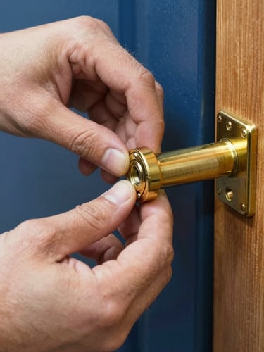 Close-up of hands carefully installing a high-security brass lock cylinder into a wooden door, natural daylight, professional locksmith photography, 35mm