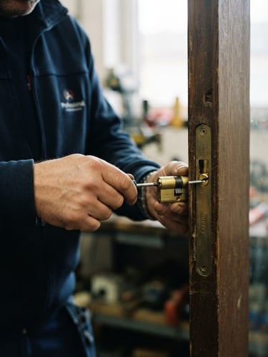 Professional locksmith in clean dark blue workwear installing a brass lock cylinder, macro shot, warm gold accents, natural daylight, 35mm