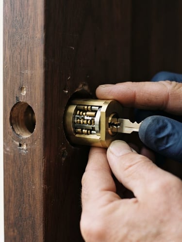 Close-up of a professional locksmith's hands installing a high-security brass lock cylinder into a dark wooden door, natural lighting, sharp focus on the metallic keyway, professional locksmith photography, 35mm