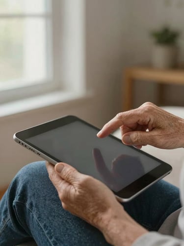 Close-up of an older person's hands holding a tablet in their lap, one finger hovering over the screen mid-tap, soft natural window light from the left, home interior visible softly out of focus in the background