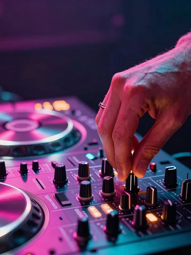 Vibrant close-up of a professional DJ hand adjusting a glowing mixer knob, colorful neon pink and turquoise stage lights reflecting on metallic surfaces, energetic atmosphere, sharp focus, 35mm.