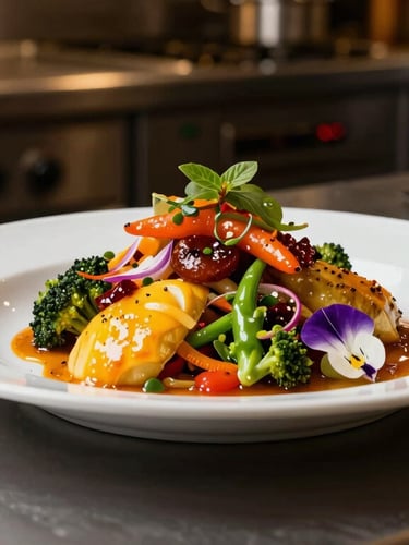 Vibrant editorial photography of a beautifully plated colorful culinary dish next to a gleaming professional kitchen counter, warm dramatic lighting, rich saturated colors, sharp focus, 35mm.