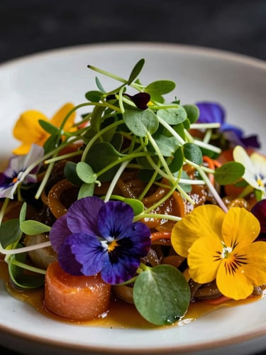 Vibrant close-up of a beautifully plated colorful modern dish, micro-greens, edible flowers, rich saturated colors, dramatic dark background, sharp focus, 35mm
