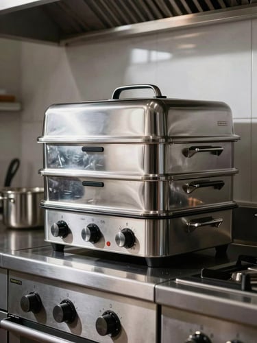 Gleaming professional stainless steel kitchen equipment, modern combi-steamer, sharp metallic reflections, high-contrast dramatic lighting, clean lines, 35mm
