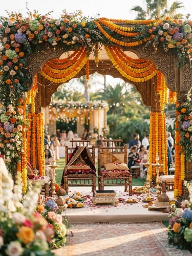 Warm editorial photograph of a beautifully decorated South Asian mandap archway with deep marigold garlands, golden-hour natural light casting soft shadows, shallow depth of field.