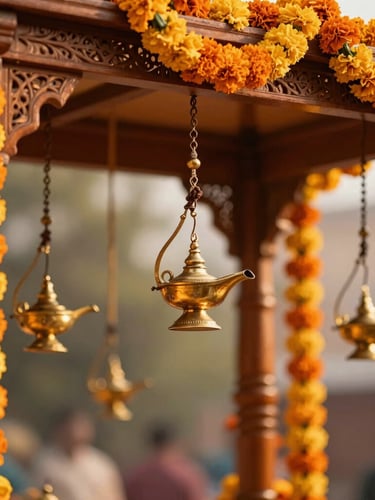 Close-up of intricate brass oil lamps and vibrant marigold garlands hanging from a carved wooden mandap, shallow depth of field, warm golden-hour light.