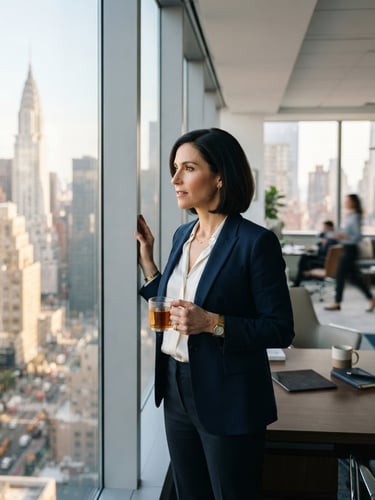 Bright environmental portrait of a focused executive looking out of a modern Midtown office window, soft natural daylight, navy accents, shallow depth of field.