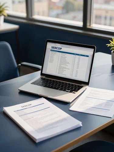 Medium-close shot of a professional desk setup in Quito, a laptop displaying SERCOP procurement charts next to clean physical documents, warm gold sunlight filtering through modern office windows, deep navy accents, sharp focus, 50mm.