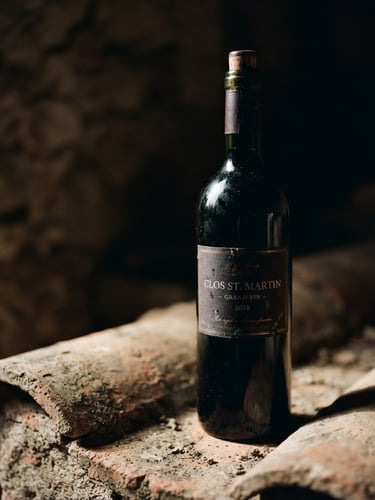Moody editorial wine photography, a single deep red wine bottle casting rich shadows on sun-baked clay, dramatic chiaroscuro lighting, 35mm