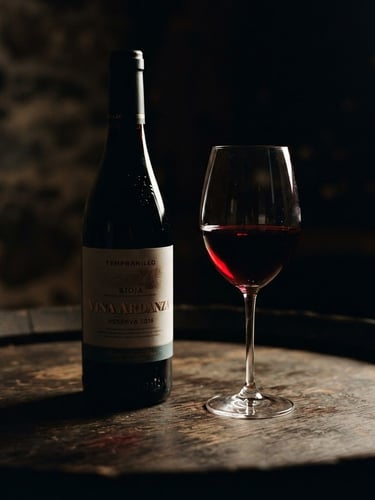 moody editorial wine photography, dramatic chiaroscuro lighting, deep burgundy and obsidian tones, shallow depth of field, 35mm. A single dark glass bottle of Tempranillo casting rich shadows on a dark wooden surface, warm side lighting highlighting the deep red liquid inside a nearby glass.