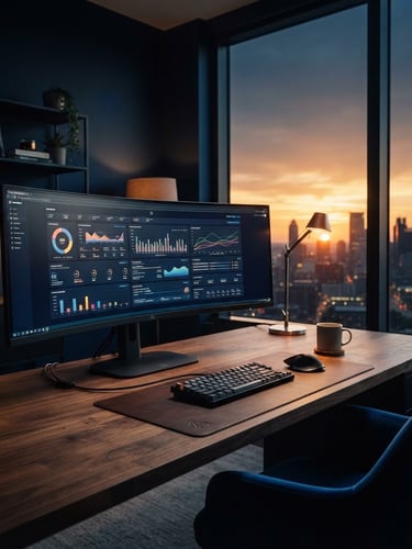 High-end, clean, modern workspace with a minimalist design, large monitor displaying analytics, subtle BrandBoat branding, dramatic studio lighting, deep navy and royal blue accents.