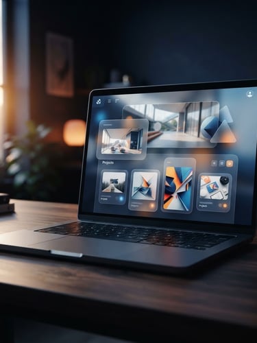 High-resolution mockup of a modern, clean website interface on a sleek laptop, glassmorphism elements visible, subtle blue and orange glows, dramatic studio lighting, deep navy background.