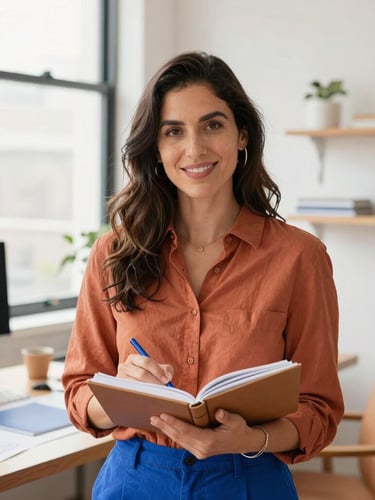 A warm professional portrait of a Latina graphic designer in a bright, sun-drenched Melbourne studio, terracotta and cobalt accents, holding a notebook, natural daylight, editorial style, 35mm lens.