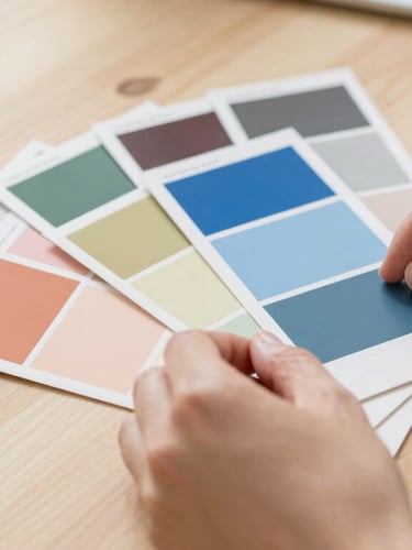 Close-up of hands arranging color swatches and paper textures on a clean wooden table, soft natural daylight, crisp focus, 35mm lens.