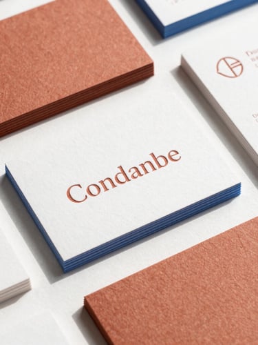 Flat-lay of tactile brand collateral, business cards with terracotta letterpress and cobalt blue details, natural daylight, crisp focus, 35mm lens.
