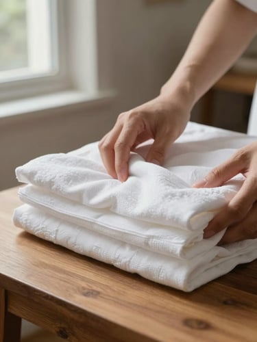Close-up of hands neatly folding a white cotton sheet on a wooden table, soft natural window light falling from the left, a tidy domestic interior visible in the background