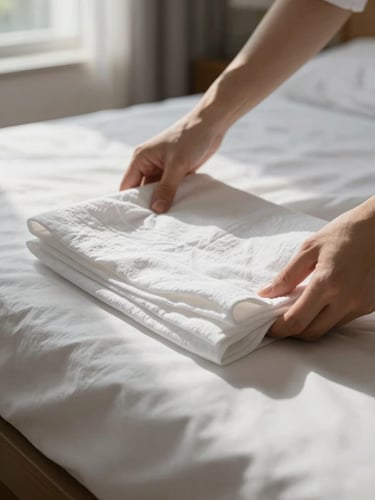 Close-up of hands folding fresh white linen on a neatly made bed, soft natural window light falling across the fabric, a tidy bedroom interior visible in soft focus behind