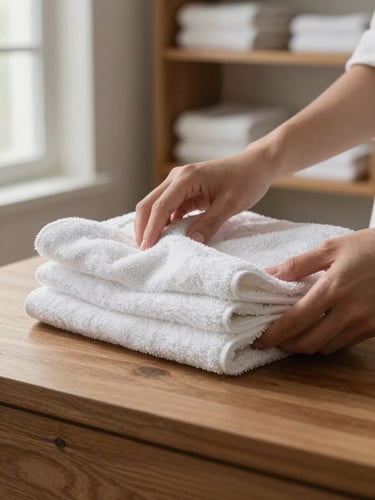 Close-up of hands carefully folding a clean white towel on a wooden surface, soft natural window light falling from the left, a neatly organized shelf visible in the background, calm domestic interior