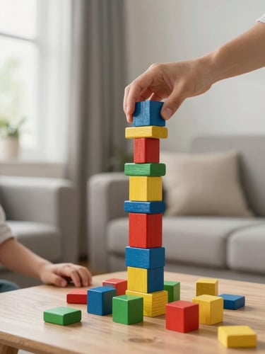 Hands stacking colorful wooden blocks on a low table in a tidy living room, soft daylight from a window to the left, a child's arm reaching in from the edge of the frame