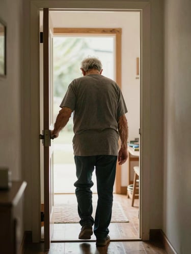A steadying hand gently guiding an elderly person's arm as they step through a doorway, warm natural light in a quiet home hallway, calm and unhurried moment