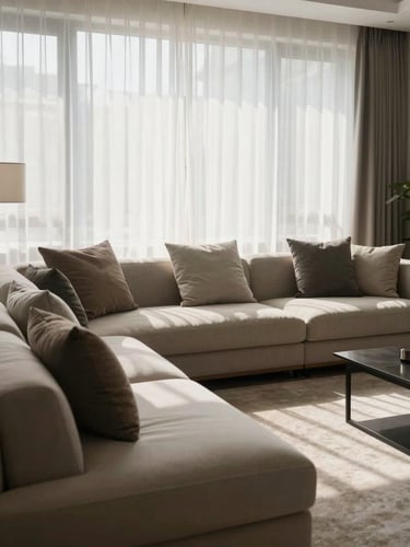 Wide shot of a neatly arranged living room — cushions aligned, surfaces clear, afternoon light streaming through sheer curtains, no people present, quiet order