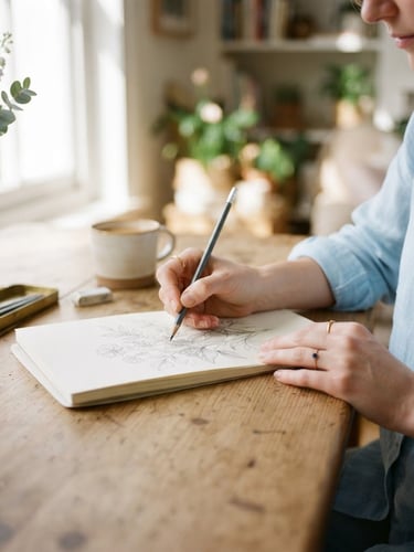 Bright lifestyle photography of a woman's hands sketching on a notepad at a sunlit wooden desk, soft natural daylight, cool pastel tones, shallow depth of field.
