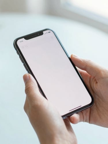 bright lifestyle photography, close up of hands holding a smartphone showing a simple clean search interface, soft natural daylight, cool pastel tones, shallow depth of field