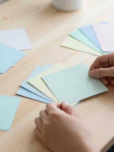 bright lifestyle photography, hands arranging physical craft materials and color swatches on a light wooden table, soft natural daylight, cool pastel tones, shallow depth of field