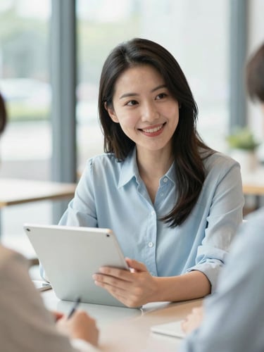 Portrait of a friendly female consultant pointing at a clean tablet screen while sitting with a client at a bright cafe, soft natural daylight, cool pastel tones, shallow depth of field.