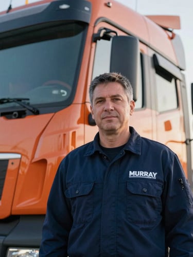 Close-up portrait of a professional Murray Logistics driver in a navy uniform standing beside a clean truck cab, morning daylight, sharp industrial focus