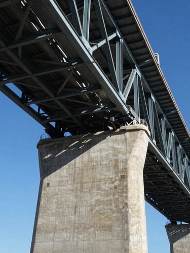 Wide-angle architectural shot of a massive concrete bridge pier and structural steel framework under high-contrast daylight with deep blue shadows.