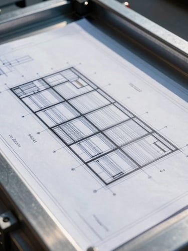 Close-up of technical engineering drawings and blueprints on a steel drafting table with high-contrast architectural lighting and metallic steel tones.