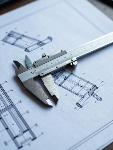 Close-up of technical engineering drawings and blueprints on a desk, with a mechanical caliper resting on the paper, sharp focus, high contrast, blue and steel tones.