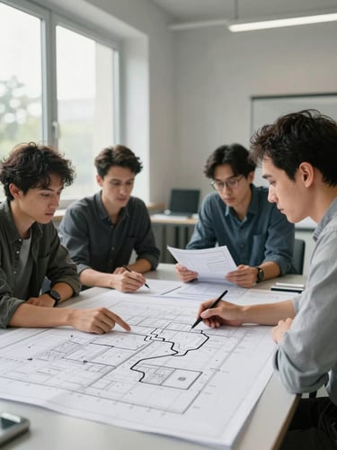 Medium shot of a multidisciplinary engineering team seated around a table, reviewing a large printed site plan together — one person traces a routing path with a finger, another holds a specification document, natural daylight from tall windows to the left, no staged poses, work in progress