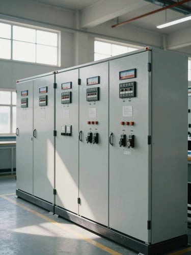 Medium shot of heavy industrial electrical switchgear and control panels arranged in a clean facility bay, natural light entering from high windows, equipment nameplates and conduit routing visible, no people