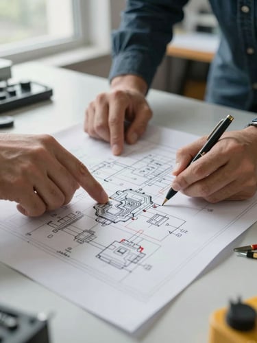 Close-up of two engineers' hands cross-referencing a mechanical drawing and an electrical single-line diagram side by side on a wide desk, natural window light from the left, drafting instruments visible at edge of frame
