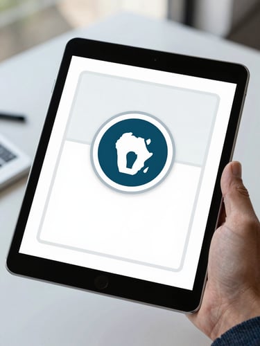 Close-up of a digital tablet showing a secure African certification badge with clean geometric lines, held by a professional in a modern workspace, natural daylight.
