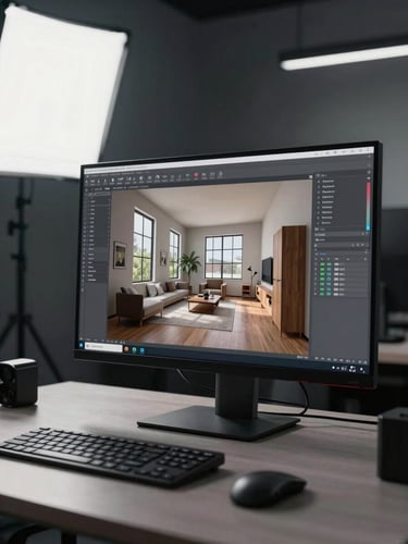Wide panoramic view of a professional 3D rendering workstation from the left side, a large monitor displaying a photorealistic architectural interior render in progress, DWG file browser visible in a side panel, cool north-facing studio light raking across the desk surface, shallow depth of field separating monitor glow from dark background, no people present