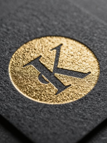 Extreme close-up macro shot of premium gold foil stamping embossed onto 300gsm textured charcoal cardstock, sharp dramatic studio lighting, deep shadows emphasizing tactile paper grain.