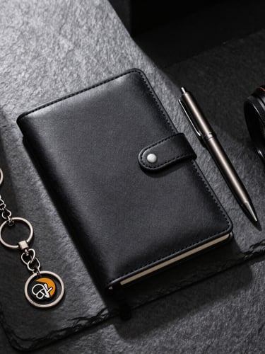 Top-down studio flat-lay of a premium corporate gift set, matte black leather diary, anodized aluminum pen, and custom keychains arranged geometrically on a dark slate surface, sharp architectural shadows, dramatic side lighting.