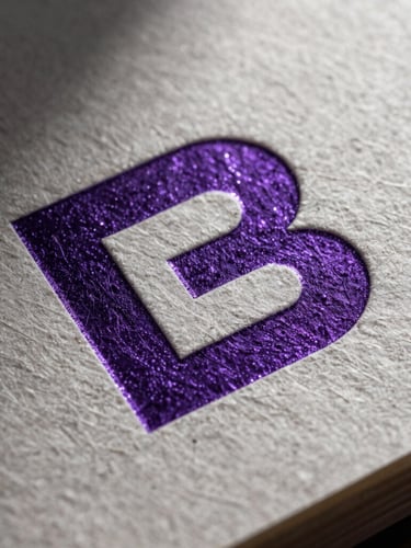 Extreme macro close-up of premium heavy-weight textured paper stock with embossed deep purple foil stamping, dramatic studio lighting with sharp shadows, high contrast, focus on tactile paper fibers.