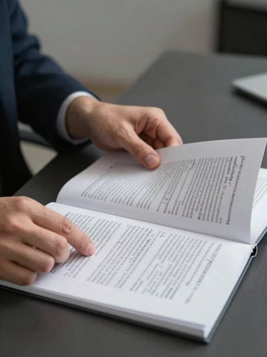 Close-up of an analyst's hands turning pages of a printed regulatory document on a dark desk under cool overhead studio lighting, a second document with annotated margin notes partially visible to the right, neutral background out of focus