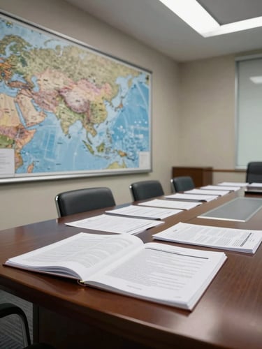 Wide environmental shot of an executive briefing room, left-side framing — a large wall-mounted map of the Asia-Pacific region visible in background, a polished table bearing open intelligence documents and printed analytical reports, cool overhead studio lighting casting clean shadows across the materials, no people present, no faces